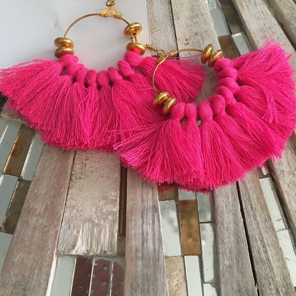 Pink Beaded Tassel Earrings - Picture 2 of 3